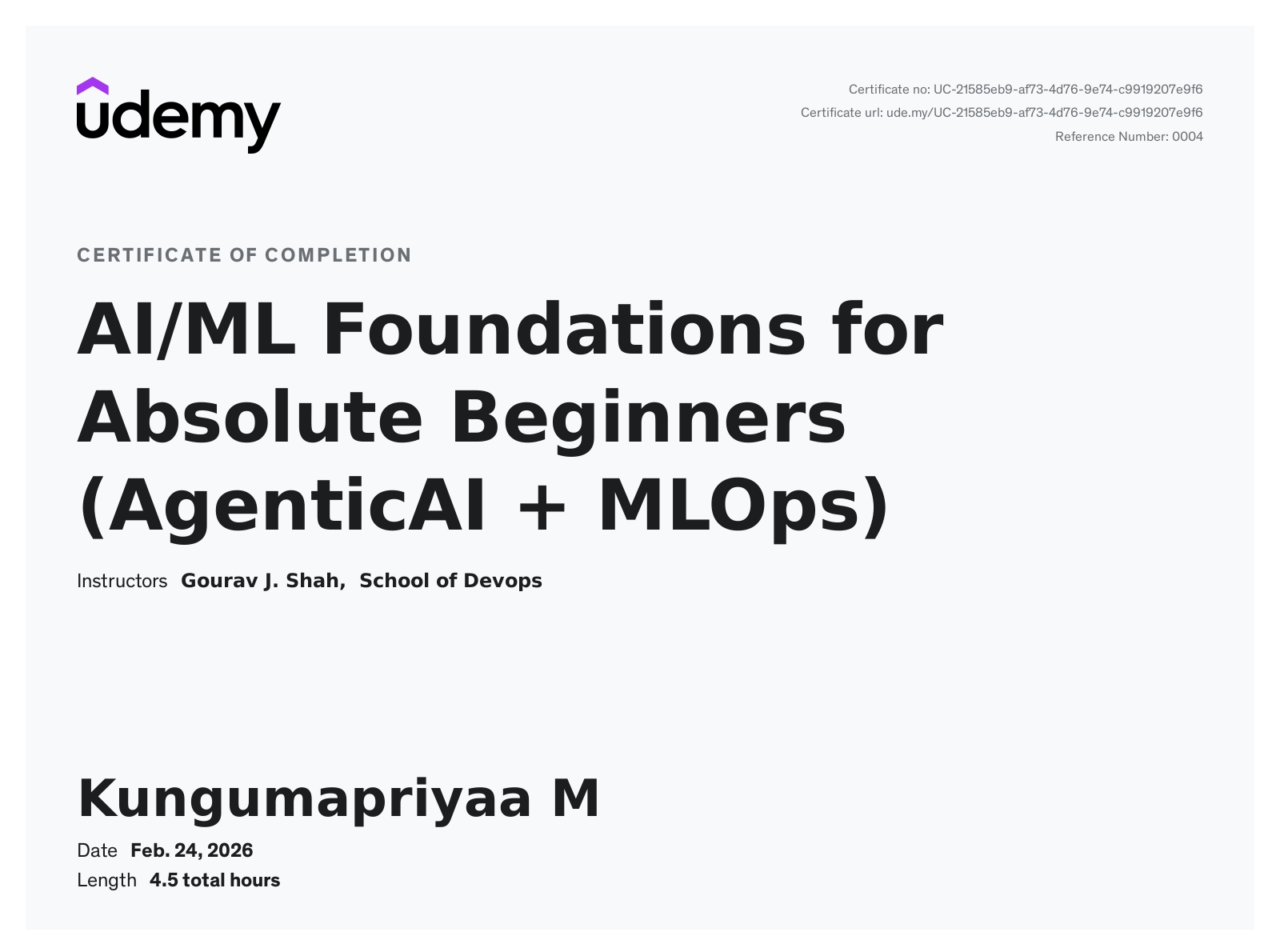 AI/ML Foundations for Absolute Beginners (Agentic AI + MLOps) certificate