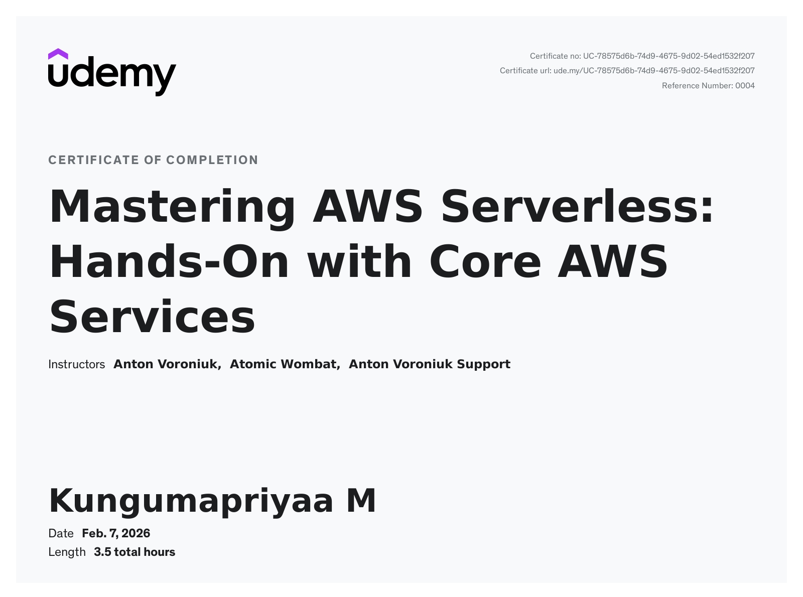 Mastering AWS Serverless: Hands-On with Core AWS Services certificate