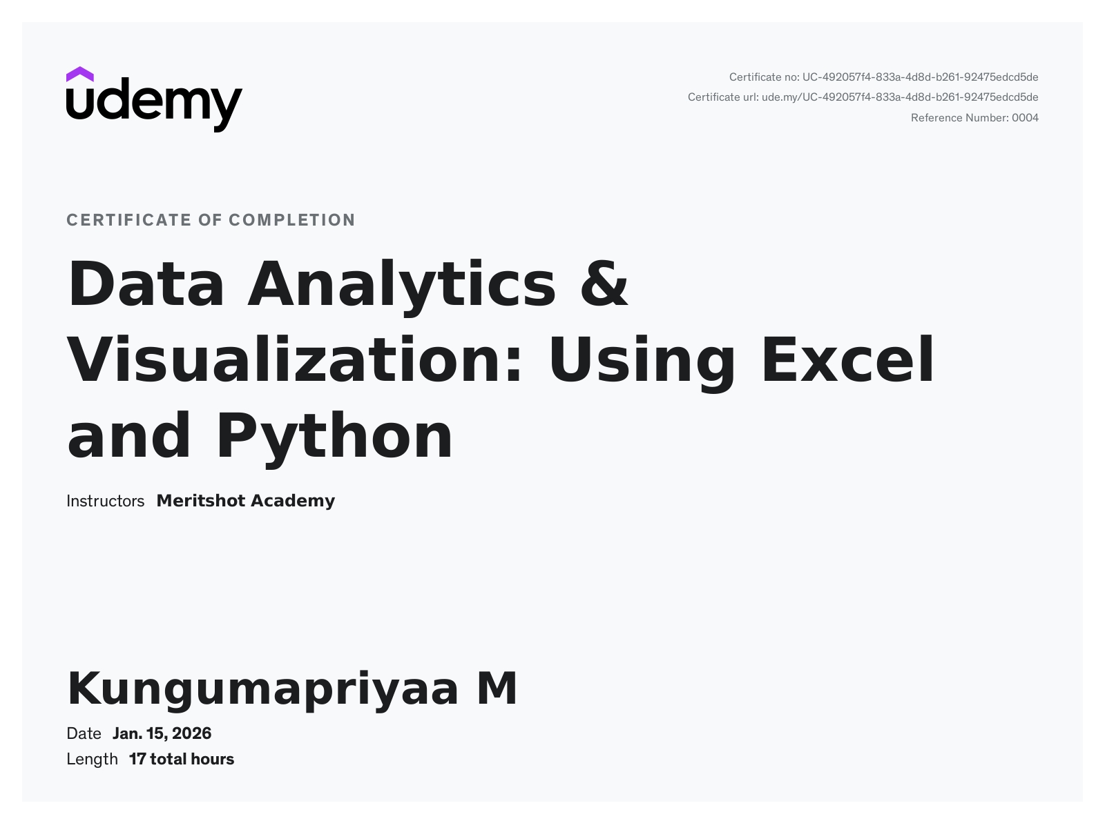 Data Analytics & Visualization: Using Excel and Python certificate