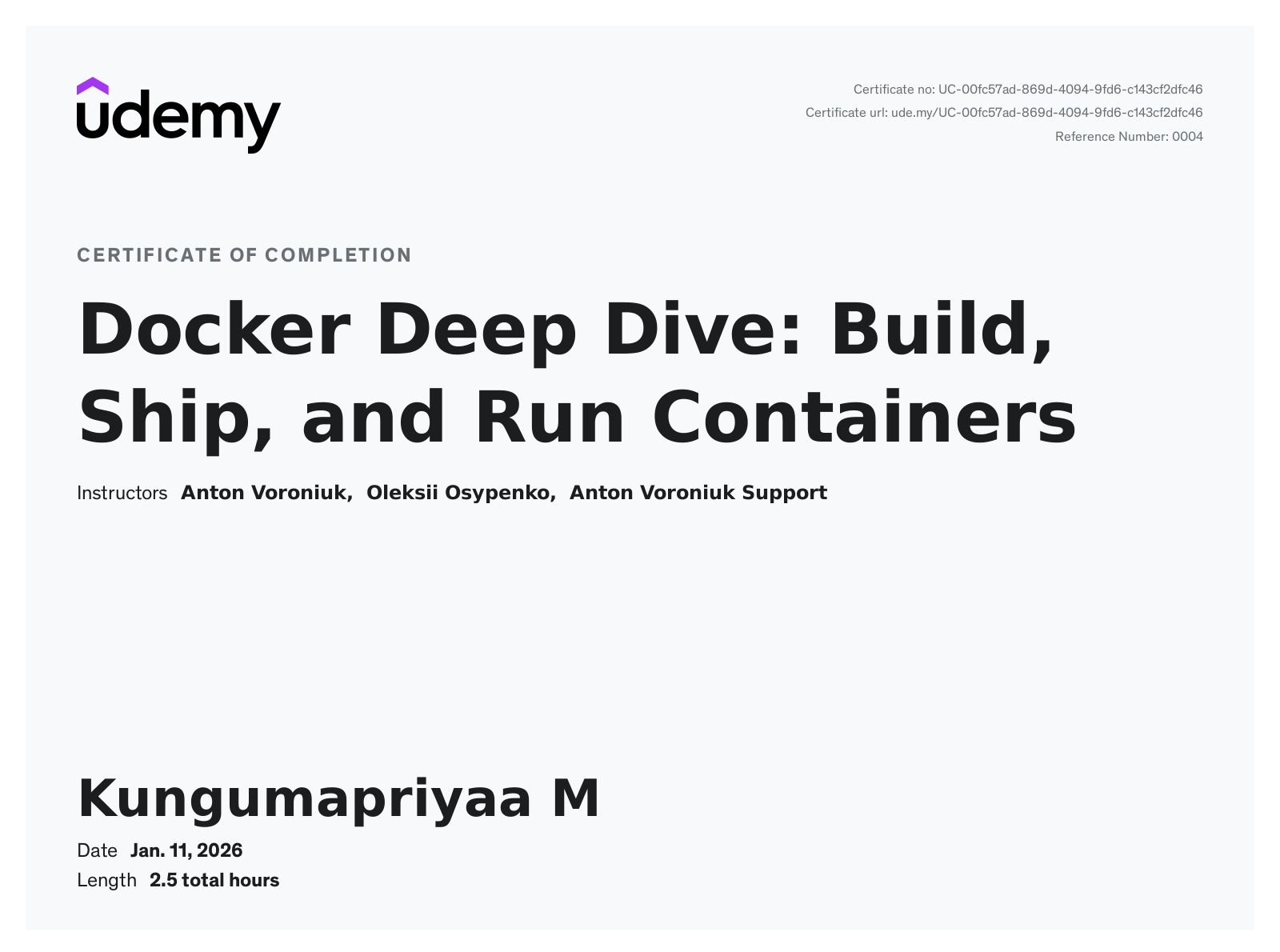 Docker Deep Dive: Build, Ship, and Run Containers certificate