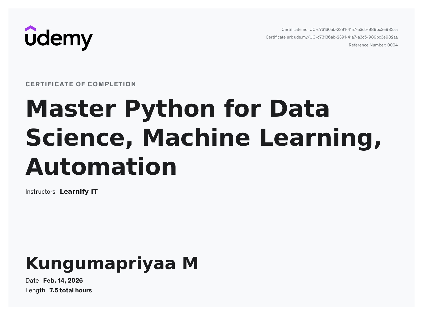 Master Python for Data Science, Machine Learning & Automation certificate
