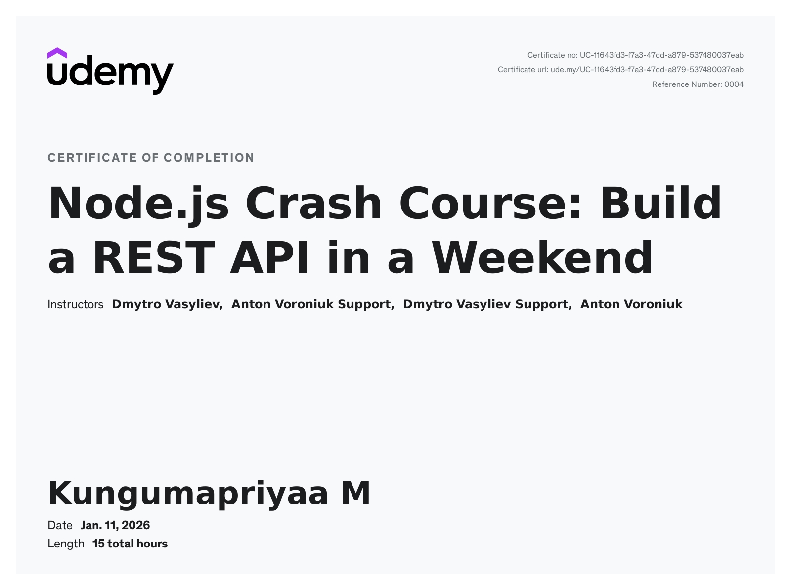 Node.js Crash Course: Build a REST API in a Weekend certificate